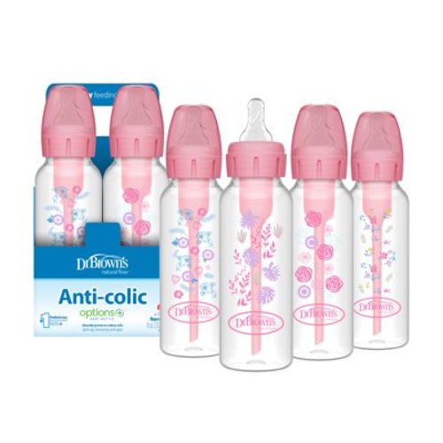 Dr. Brown's Anti-Colic Natural Flow Options+ Baby Bottles, 8 oz, Pink Floral, 4 Pack