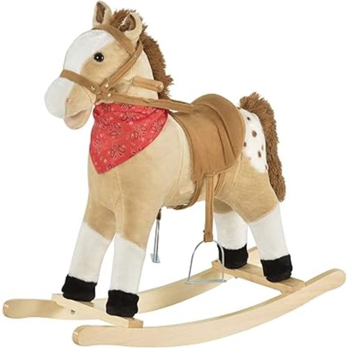 Qaba Kids Plush Ride-On Rocking Horse Toy Cowboy Rocker with Fun Realistic Sounds for Child 3-6 Years Old, Beige