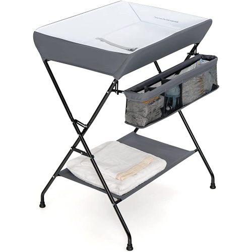 Costzon Changing Table, Portable Baby Changing Table Foldable Diaper Changing Station with Safety Belt, Large Storage Rack & Shelf, Nursery Organizer for Newborn Infant (Dark Gray)