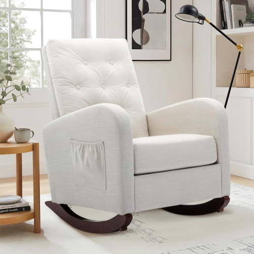 Muumblus Glider Rocker for Living Room, Rocking Chair for Nursery, Tufted High Back, Beige Linen