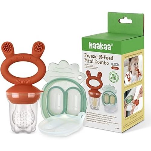 Haakaa Freeze-N-Feed Mini Combo with Silicone Food Feeder & Silicone Mini Nibble Tray|Baby Solid Food Self Feeder|Breastmilk Popsicle Mold Storage & Feeder for Soothing Baby Gums 1 PK