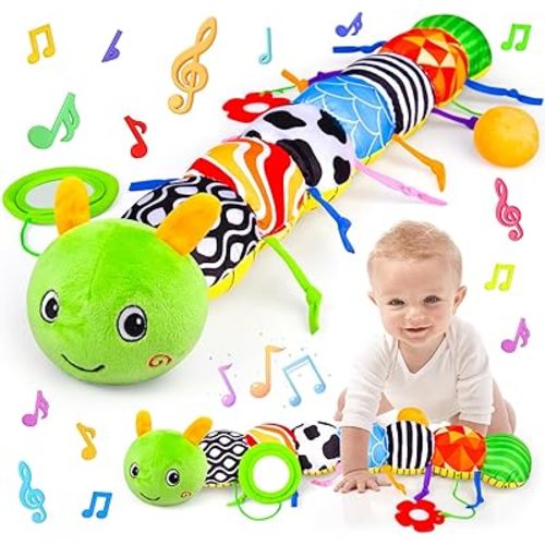 Infant Baby Toys 0 to 12 Months, Stuffed Animal Tummy Time Toys Sensory Toys with Crinkle, Rattles, Textures and Mirror Gifts for Newborn Boys Girls Toddlers, Caterpillar Musical Toys (Green)
