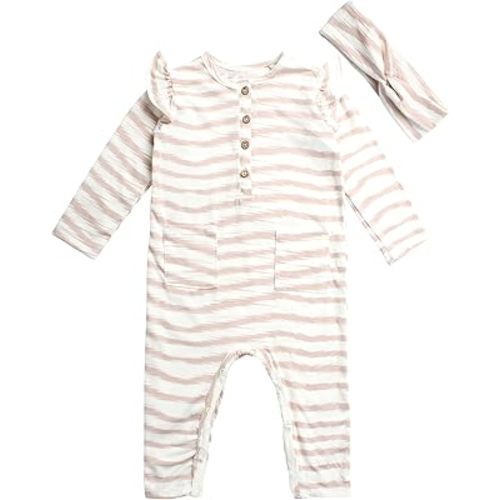 Jessica Simpson Baby Girls' Romper - Overall Jumpsuit with Hat or Headband - Long Sleeve Bodysuit for Newborns/Infants, 0-24M