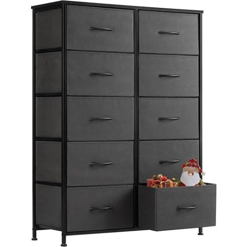 Sweetcrispy Dresser, Tall Dresser for Bedroom, Drawer Dresser Organizer Storage Drawers with 10 Drawers, Chest of Drawers with Fabric Bin, Steel Frame, Wood Top for Bedroom, Closet, Entryway