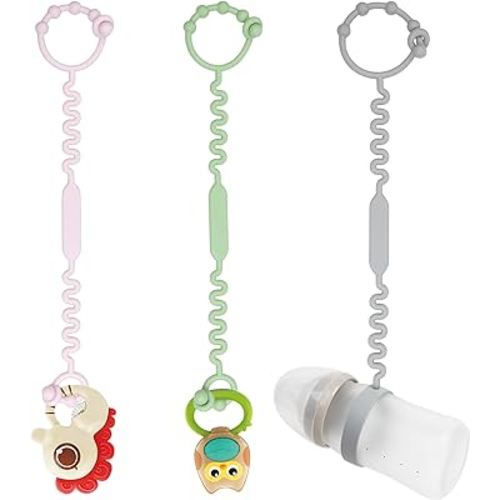 Toy Straps for Stroller, Pacifier Holder Clip with Self-Adjusting Bayonet, Pure Silicone Material Without BPA; Can Be Used for Teethers, Feeding Bottles, Toys, Baby Cribs, High Chairs(Pink-3ps)