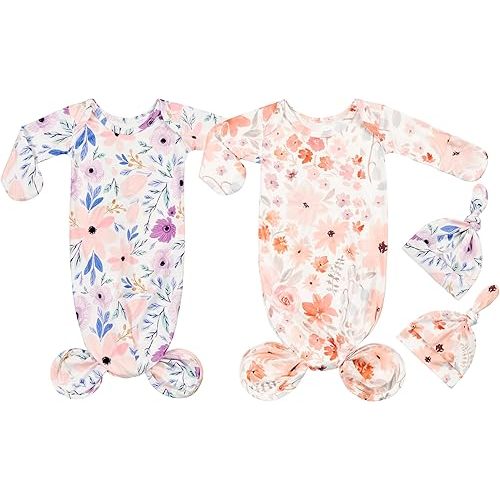Newborn Baby Knotted Gown Sleeper Gown with Mittens Long Sleeve Nightgown Baby Coming Home Outfit with Hat 2 Pieces