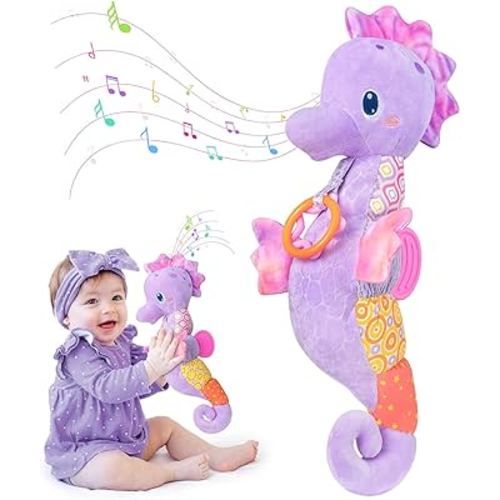 Baby Toys 0-6 Months,Infant Musical Seahorse Stuffed Animals Sensory Toys with Bright Colors,Multiple Textures,Rattles & Crinkle Sound Paper,Tummy Time Toy for Newborn Boys Girls 0-12 Months-Purple