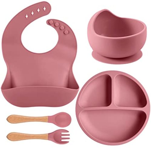 Toddler Bibs & Bowls Plate Set, Baby Feeding Set of 4-Toddler Self Eating Utensils with Suction Bib, Bowl, Plate Baby First Stage Spoon and Fork (Dusty Rose)