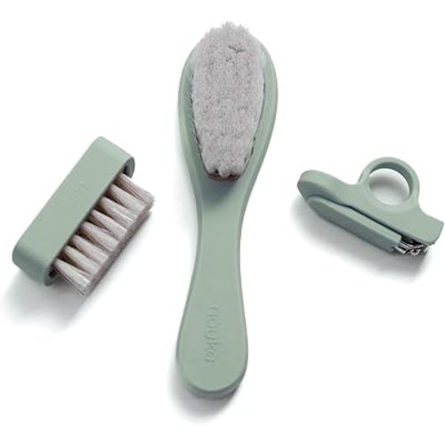 nouka Baby Grooming Kit Set | Ultra-Soft Natural Bristle Hair Brush, Nail Clippers & Nail Brush | Wood with Silicone Sleeve | Leaf