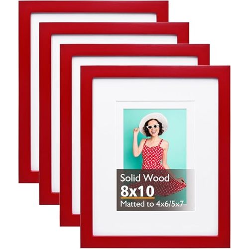 KINLINK 8x10 Picture Frames Red, Solid Wood Frames with Acrylic Plexiglass for Pictures 4x6/5x7 with Mat or 8x10 without Mat, Tabletop and Wall Display Photo Frame, Set of 4