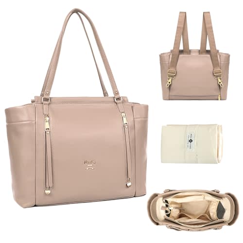 miss fong Diaper Bag Tote Leather Diaper Bag Backpack, Large Capacity Mommy Bag Hospital Bag, 12 Pockets Travel Diaper Tote with Changing Pad Pañaleras Para Bebe for Moms & Dad-Khaki