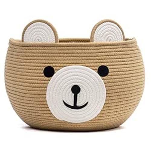 Baby Basket for Newborn, Empty Baskets for Gift, Medium Animal Basket for Toy Clothes Towel, Woven Rope Bear Baskets for Kids, Brown, 15.7"D x 10.5"H