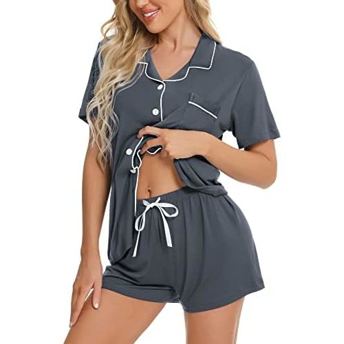 SWOMOG Womens Button Down Pajamas Set Short Sleeve Sleepwear Bride Soft Pj Lounge Sets XS-3XL