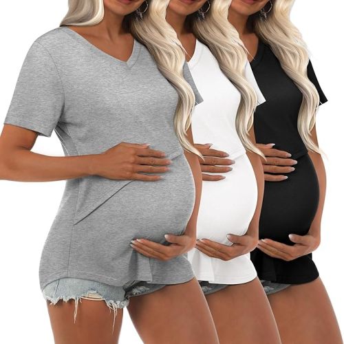 Ficerd 3 Pcs Women's Maternity Shirts Short Sleeve Double Layer Nursing Top for Breastfeeding Cotton V Neck Pregnancy Cloth