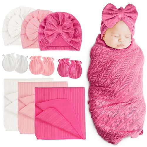 BQUBO Newborn Receiving Blanket Hat Mittens Set for Baby, Unisex Baby Boys Girls Essentials, Newborn Registry Must Haves, Stroller Crib Shower Gifts