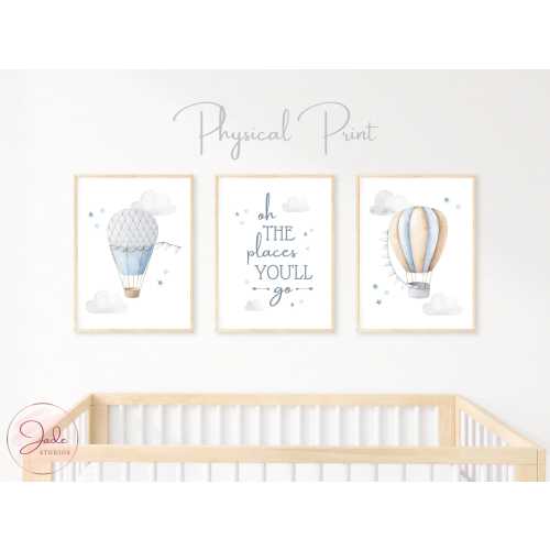 Set of 3 Blue Hot Air Balloon Prints, Oh The Places You'll Go Phrase, Travel Hot Air Balloon, New Baby Gifts, Boys Room Wall Art