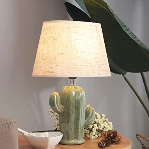 Cactus Desk Lamp, Modern Night Light with Fabric Lampshade, Ceramic Base, Adorable Bedside Table Lamp for Bedroom Nightstand