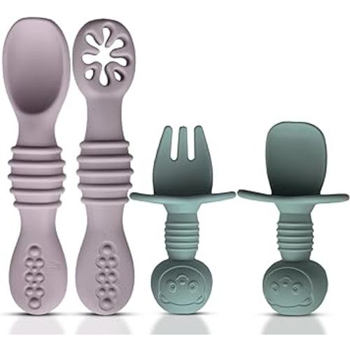 4pc Silicone Self feeding baby utensils 6-12 months, 3 baby spoon, 1 baby fork, Toddler Cutlery Set, BPA Free, Dishwasher Safe, Baby eating essentials (Light pink/Army Green)