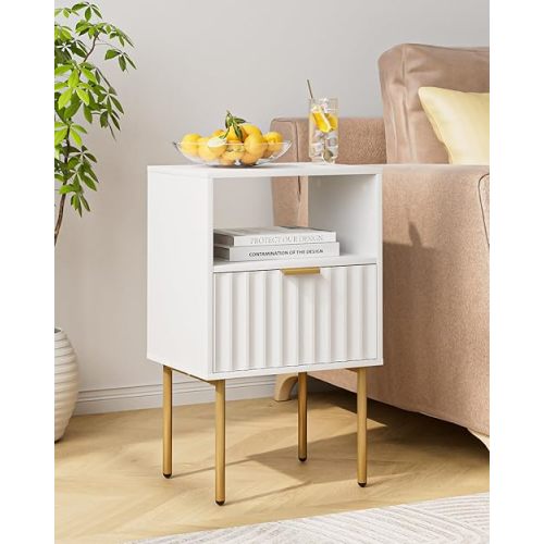 Nightstand,Bedside Table with Gold Frame,White Night Stand,Bedside Furniture, Modern Side Table with Drawer and Shelf for Bedroom,Living Room (White-25.28" H)