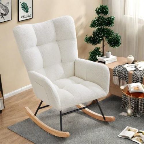 Rocking Chair Nursery, Teddy Upholstered Glider Rocker with High Backrest, Reading Chair Modern Rocking Accent Chairs with Side Pockets, White