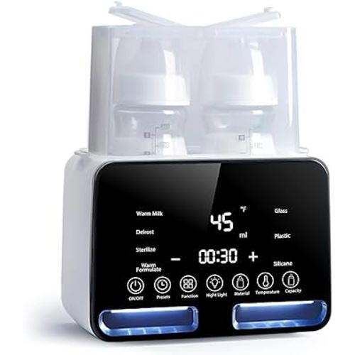 Double Bottle Warmer and Steri-lizer, 8-in-1 Fast Baby Milk Warmer with Timer for Breastmilk or Formula, Multifunctional Bottle Warmer with Food Heater Defro