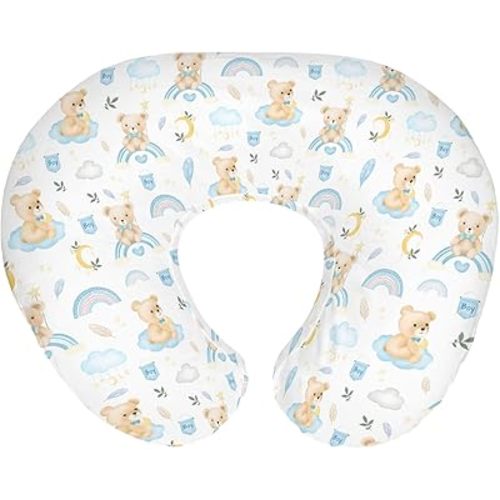 Watercolor Bear Rainbow Blue Baby Nursing Pillow Covers for Girl Boy Cute Bears Moon Stars Clouds Nursery Slipcovers for Breastfeeding Pillows Pastel Animal Soft Stretchy Cover for Newborn Infant