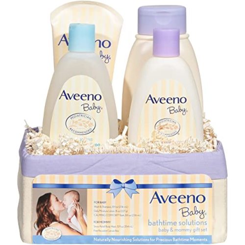 Aveeno Baby Daily Bathtime Solutions Gift Set including Baby Wash & Shampoo, Baby Calming Bath, Baby Moisturizing Lotion and Stress Relief Body Wash for Mom, 4 Items