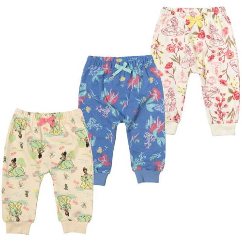Disney Princess Belle Tiana Ariel Newborn Baby Girls French Terry 3 Pack Jogger Pants Blue/white/brown 6-9 Months