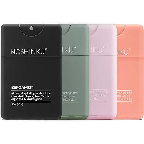 Noshinku Refillable Pocket Hand Sanitizer Discovery 4-Pack | Organic Sanitizing Mist with Moisturizing Botanical Oils | Kills 99.9% of Germs | FDA Registered | Sugarcane Derived Alcohol | Travel Size