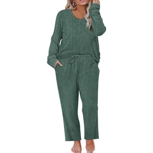 RITERA Womens Plus Size 2 Piece Outfits Lounge Sets Knit Sweatsuit Long Sleeve Pullover Tops Wide Leg Pant Pajama Sets XL-5XL