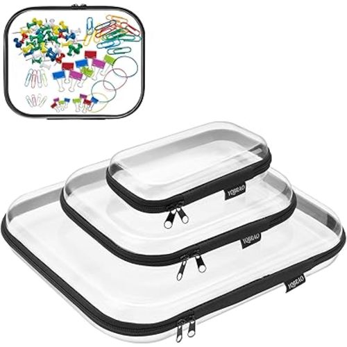Bliss Bins - Hard Sided Clear Zipper Case for Storage- Professional-Grade Plastic Clear Zipper Pencil Case,Toy Storage Bins, Toiletry Pouch, Travel Organizer, Cosmetic Bag（Black,3 Pack, LMS）