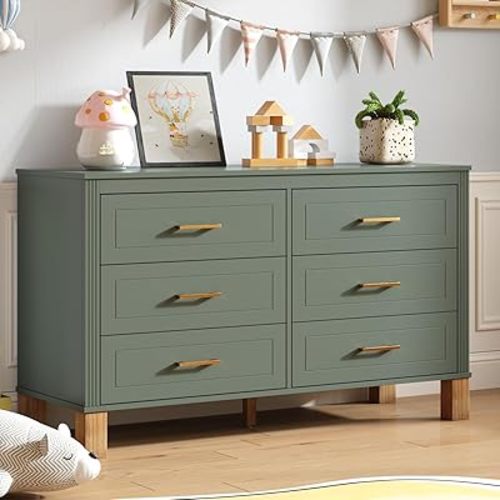 6-Drawer Dresser, Modern Chest of Drawers for Bedroom, 47" Wide Larger Dressers with Metal Handle Solid Wood Legs Wooden Storage Chest for Entryway Living Room Olive Green