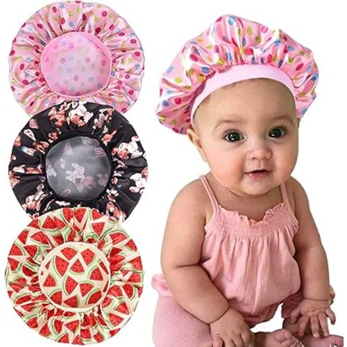 3 Pieces Kids Satin Bonnet Sleeping Cap Soft Silk Wide Band Night Hats for Natural Hair Teens Toddler Child Baby