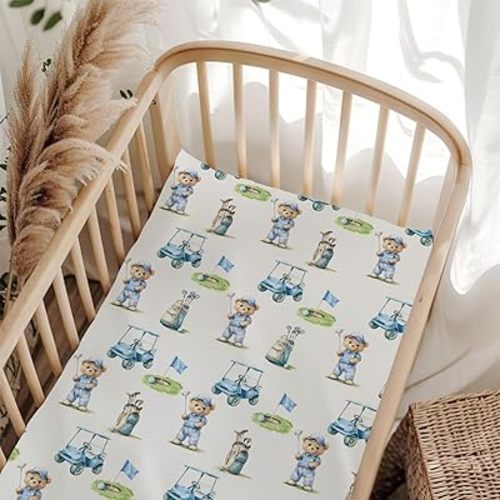Cute Bear Golf Cart Blue Baby Crib Sheet for Boys Girls 52x28x9 in Bears Sport Golfing Flag Club Fitted Crib Mattress Cover for Standard Crib and Toddler Outdoor Sports Bed Sheet Animal One Size