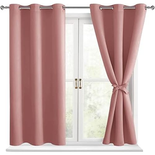 Hiasan Short Blackout Curtains for Bedroom - Thermal Insulated & Energy Saving Window Curtains for Living Room, 2 Drape Panels Sewn with Tiebacks, Dusty Rose, 42 x 45 Inch