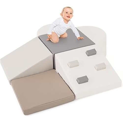 Olakids Climbing Toys for Toddlers, 6 Pieces Baby Foam Blocks Soft Play Set with PU Leather, Indoor Kids Climb and Crawl Sliding Activity Structure Gym Playground Climber (Gray)