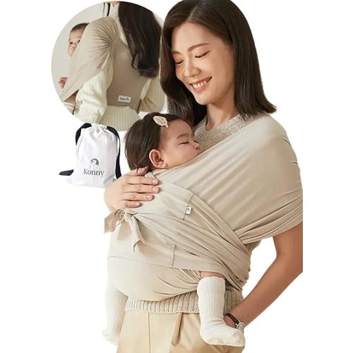 Konny New and Improved Baby Carrier Flex SoftBreeze Premium Material - Adjustable, Easy to Wear and Wrap Baby Sling, Perfect for Newborn Babies Essentials up to 44 lbs, (XS-XL) - Neutral Beige