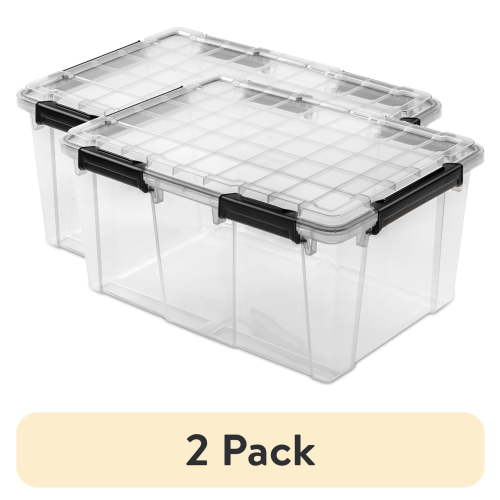 (2 pack) Sterilite Large Gasket Box, 80 Quart IP68 WaterProof Clear Plastic Storage Bin with Lid, Gasket Seal and Durable Latches, Black