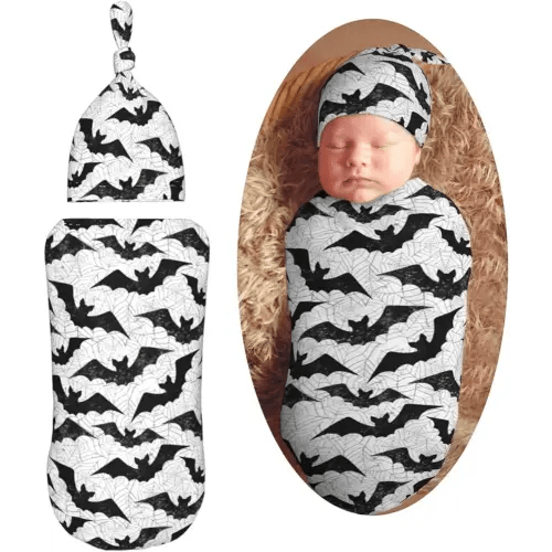 Black Bat Newborn Swaddle Blankets Hat Sets Soft Baby Receiving Blanket Swaddle Sack for Baby Shower Infant Boy Girl Gift