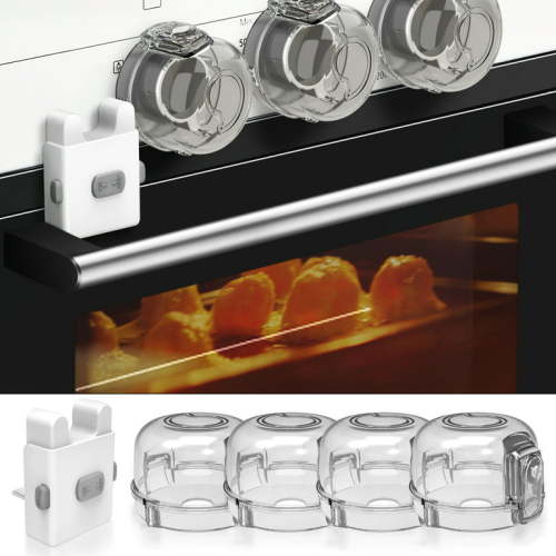 WeGuard 5 Pack Child Proof Clear Gas Stove Knob Covers+Oven Door Locks, Baby Safety Adhesive Lock Kit for Toddler Kids Kitchen Safety Guard No Drill
