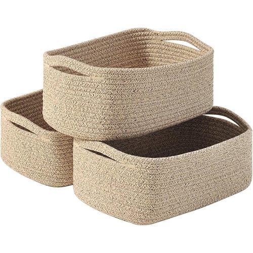 Small Baskets for Organizing, Woven Storage Baskets for Shelves, Small Rope Basket for Storage, Decorative Little Baskets for Gifts Empty, 13"×8.5"×5.1" (3 Packs) Brown