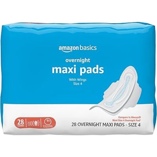 Amazon Basics Thick Maxi Pads with Wings for Periods, Overnight Absorbency, Leak Protection, Super Absorbent, Unscented, Size 4, 28 Count