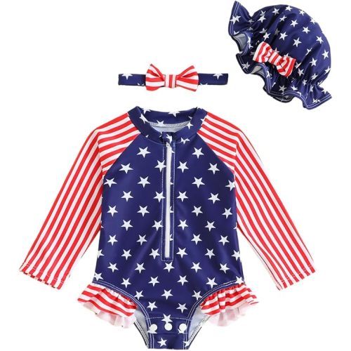 FishingDino Baby Swimsuit Girl Rash Guard Newborn 0M-3T, Long Sleeve UV Infant Bathing Suit with Hat & Headband, Bottom Snaps