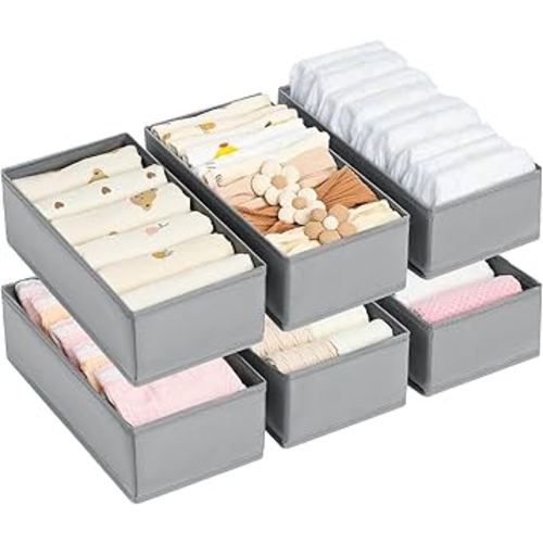 DIMJ Drawer Organizer Clothes - Underwear Organizer Small Sock Organizer Closet Organizers and Storage Box Dresser Drawer Dividers for Baby Clothes,Bra,Socks, Belt, Tie, Set of 6,Grey