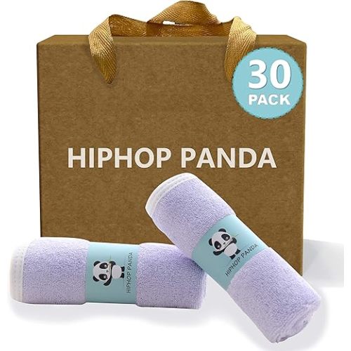 HIPHOP PANDA Baby Washcloths, Rayon Made from Bamboo - 2 Layer Ultra Soft Absorbent Newborn Bath Face Towel - Reusable Baby Wipes for Delicate Skin - Purple, 30 Pack