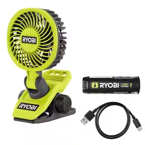 RYOBI USB Lithium Clamp Fan Kit with 2.0 Ah USB Lithium Battery and Charging Cable FVF51K