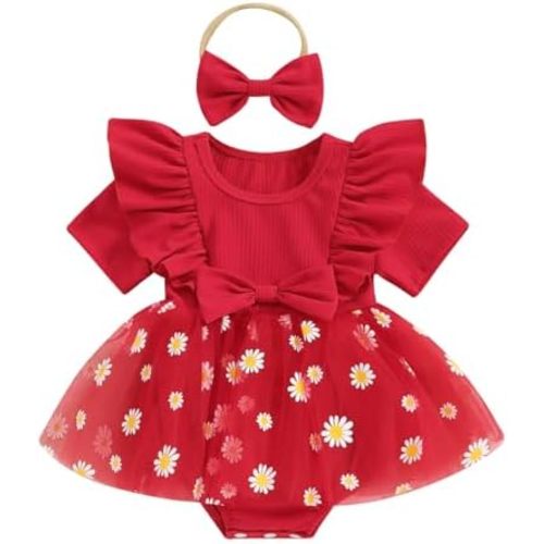 Baby Girls Daisy Romper Bowknot Bodysuit+Headband Short Sleeve Playsuits Floral Jumpsuit Infant Summer Clothes
