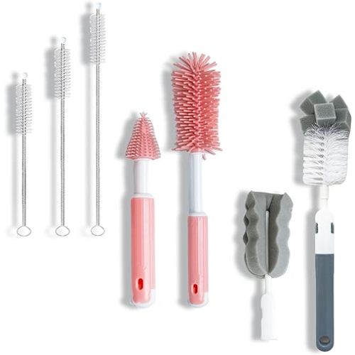 Bottle Brush Cleaner Set - Long Handle Silicone Water Bottle Brush, Straw Cleaner Brush & Baby Bottle Brush for Cups, Glass, Kitchen & Bottle Washing - Reusable Bottle Washer & Scrub Brush