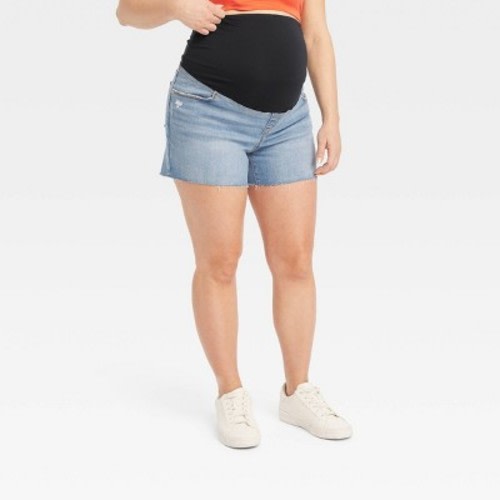 Over Belly Midi Maternity Jean Shorts - Isabel Maternity by Ingrid & Isabel™ Medium Wash 2: High Rise, Stretch Denim, Raw Edge Hem