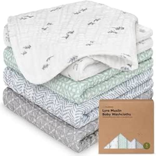 5-Pack Muslin Baby Washcloths for Newborn – 12x12" Soft Absorbent Organic Cotton Muslin Wash Cloths for Babies Girl, Boy, Infant, Toddlers, Kids Face Towel, Bath Essentials, Baby Burp Rags (Nordic)
